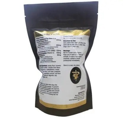 Vet Immune Chews was developed as a convenient and potent daily treat for puppies and kittens during their first year of vaccines. They can also be given to dogs and cats of all ages as a healthy treat.