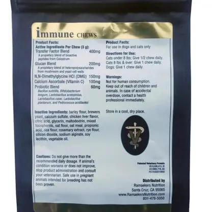 Vet Immune Chews was developed as a convenient and potent daily treat for puppies and kittens during their first year of vaccines. They can also be given to dogs and cats of all ages as a healthy treat.