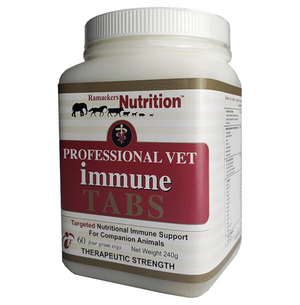 Professional Vet Immune Tabs is formulated for therapeutic use in animals as an adjunct to chemotherapy, surgery, or radiation.